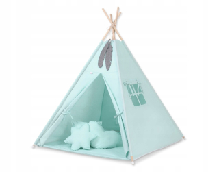 TIPI stan pre deti + karimatka + vankúšiky + prívesky z peria - mätová svetlá